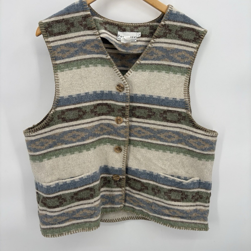 Vintage Wool Blend Vest Sweater Western Cowboy Style Cool Neutral Color Size L